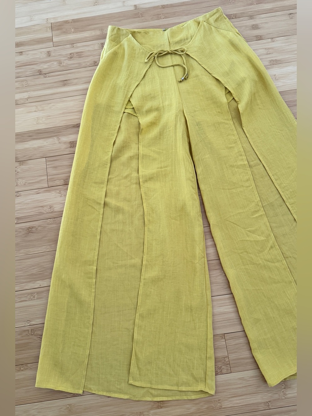 SJ Style Yellow Wide-Leg Split Panel Pants large petite tie waist - Picture 3 of 8